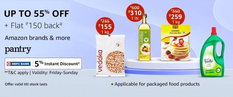 Up to 55% off + Flat Rs. 150 back on Amazon Pantry